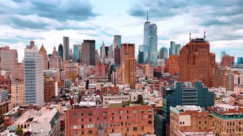 Varied architecture of modern New York, USA. Drone flight over the buildings of uptown