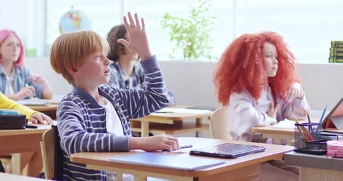 Students Raising Hands in Classroom at School