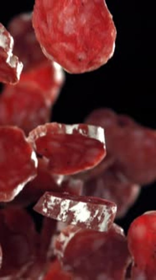 Sliced Salami Flies Up and Down Filmed on a Highspeed Camera at 1000 Fps