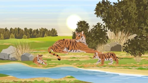 Mother Tiger with Cubs Playing in Riverside Forest - Wildlife - Cartoon Animals