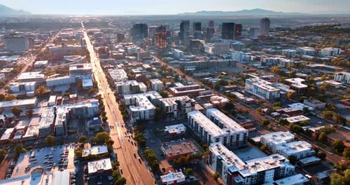 Flight over the diverse buildings in the scenery of Salt Lake City, Utah, USA.