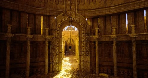 Ancien monument architectural baigné de lumière dorée au coucher du soleil