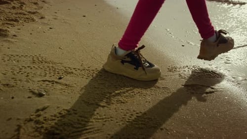 Child Walking Sea Beach. Unknown Little Girl Legs Running Away Crashing Waves