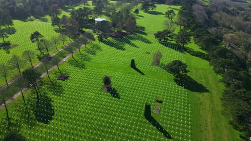 Amazing forward drone movement over the iconic Normandy American Cemetery as military memorial place