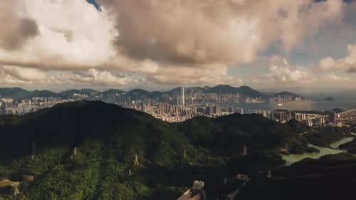 Timelapse Aerial view of Hong Kong skyline at sunset, China.