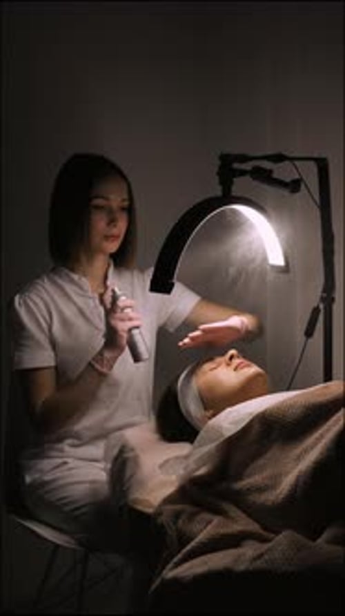 Esteticista tonifica o rosto para o cliente com tônico