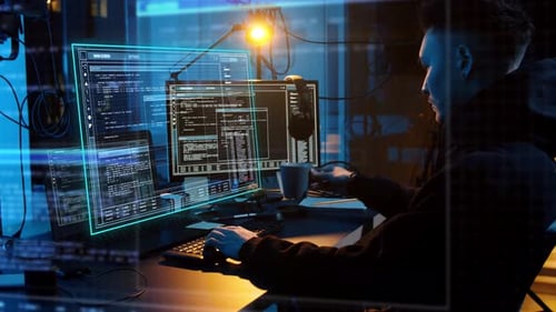 Cybercrime, Hacking and Technology Concept - Asian Male Hacker in Dark Room