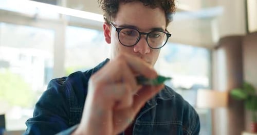 Glass, writing and man with ideas, office and plan for marketing strategy