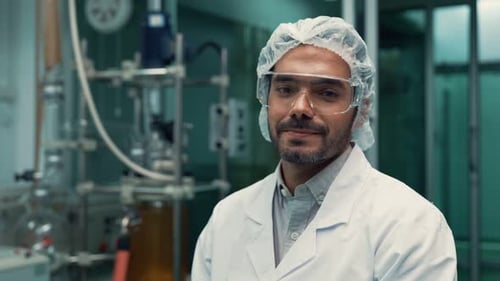 Smiling Scientist in Lab with Safety Glasses and Hairnet