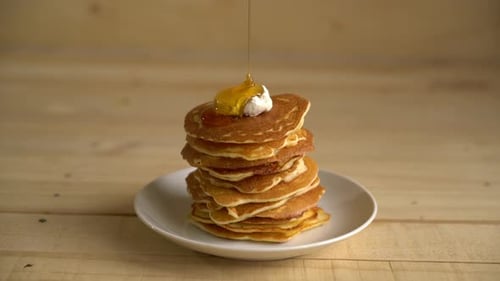 Pancakes with Butter and Syrup on Plate