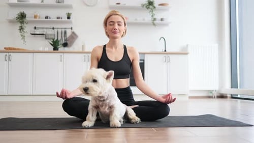 Woman Meditating with Dog in Bright Home Studio