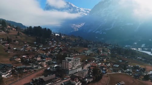 Aerial Panorama of the Grindelwald Switzerland Village View Near Swiss Alps