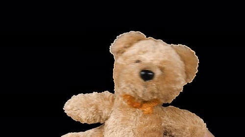 Stuffed and fluffy teddy toy brown bear playing and dancing. Alpha channel included.