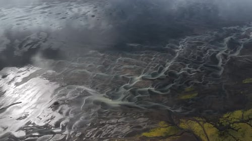 Aerial view of river with braided streams, Iceland.