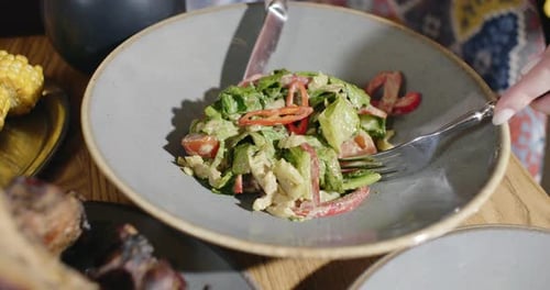 Yummy Eastern Cuisine Served in the Restaurant Vegetarian Salad Healthy Salad Mixing the Salad with