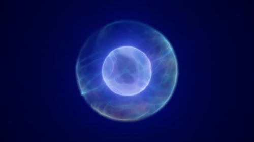 Spinnende blaue lila Energiekugel digitaler Hightech-Kugel, futuristischer magischer Kreis, glühende, helle Kraft