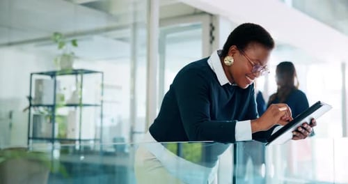 Woman, reading and happy with tablet in office for networking, internet or online news website