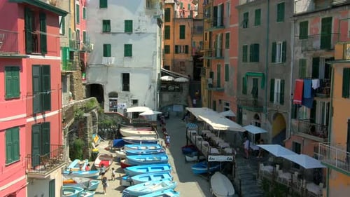 Aerial 4K footage of Riomaggiore, Cinque Terre in Italy.