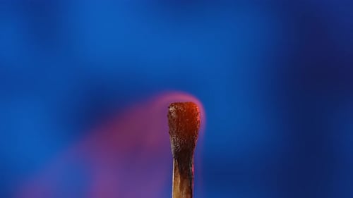 Burning Matchstick Close Up on Blue