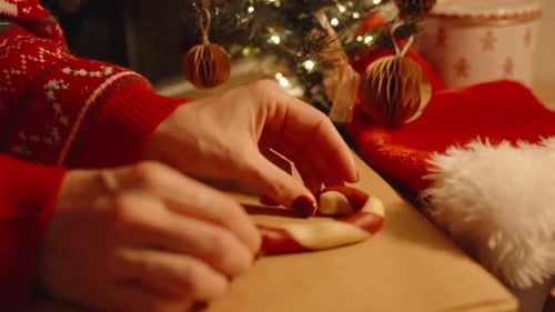 Frau formt Zuckerstangen-Kekskurve mit Finger neben geschmücktem Weihnachtsbaum und roter Weihnachtsmütze
