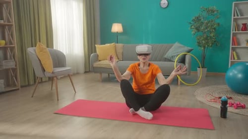 Senior Woman Meditating at Home with VR Headset