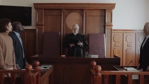 Court Participants Listening to Judge Passing Decision after Trial