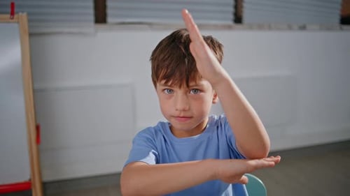 Portrait Interested Kid Studying at Elementary School Cute Boy Raising Hand