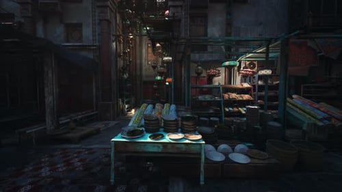 Festive Middle Eastern Marketplace with Hanging Lamps and Dynamic Lighting