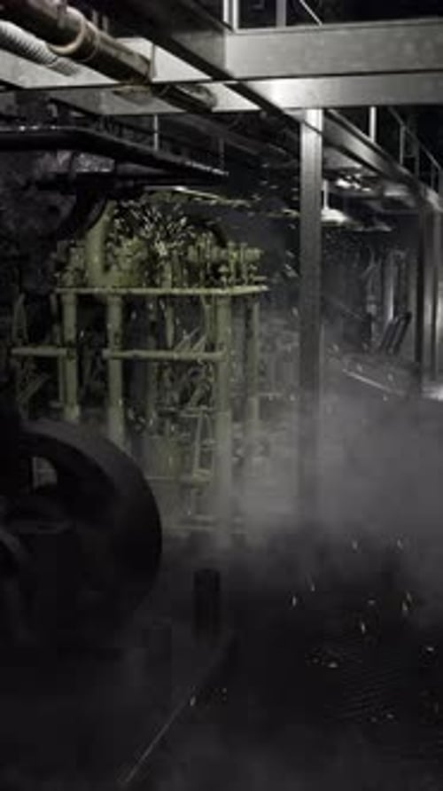 Engine Room Filled with Steam and Machinery in a Dim Industrial Setting