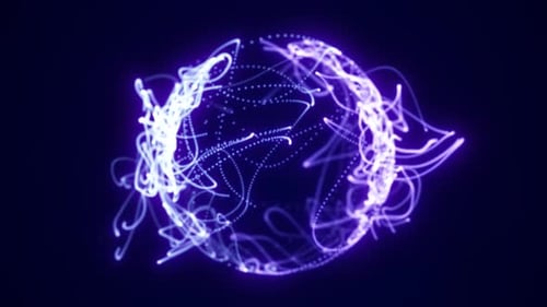 Vibrant swirling sphere of electric violet light trails on a dark background, symbolizing energy