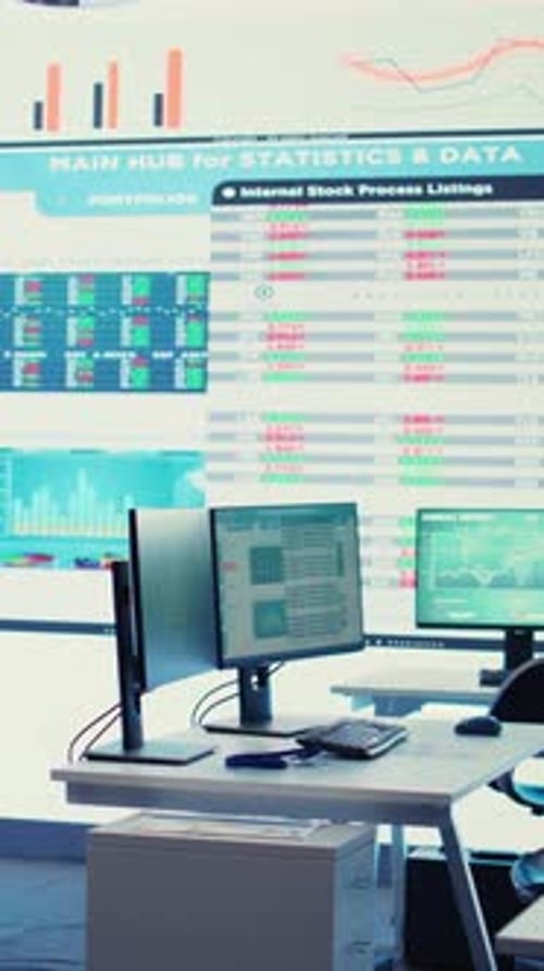 Vertical Video Empty Telecommunications Company System Control and Monitoring Room