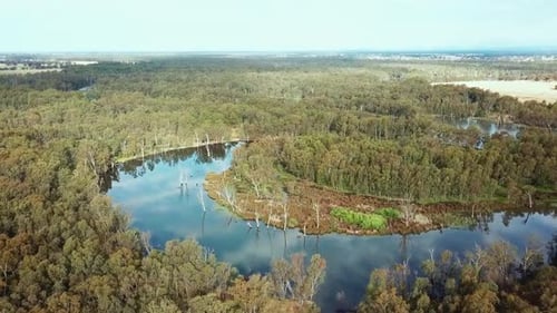 Aerial view looking upstream along of the Ovens River just before it meets the Murray River in north