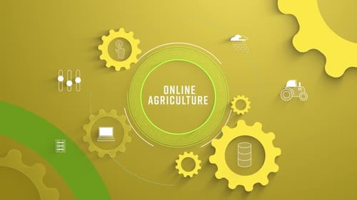 Online Agriculture Technology Infographic with Animated Gears and Icons