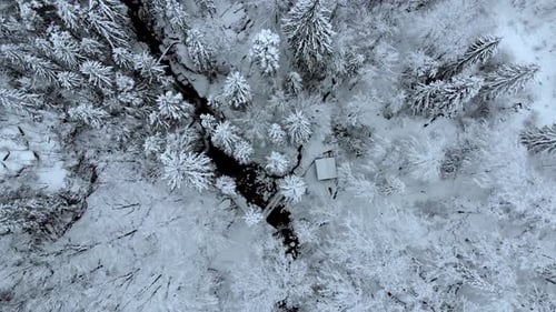 Aerial view above a small cabin, river and a bridge, in middle of snow covered forest, on a dark, gl