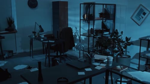 Dark Office Room with Documents Scattered on Floor, Messy Desks after Robbery