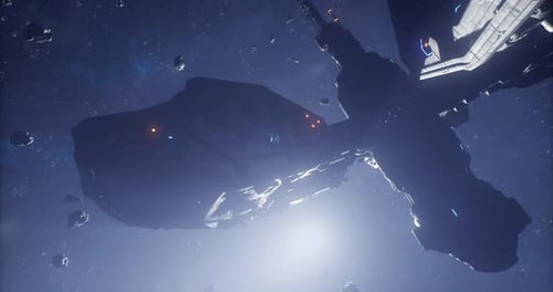 Futuristic Spaceship Flying Through Asteroids in Deep Space