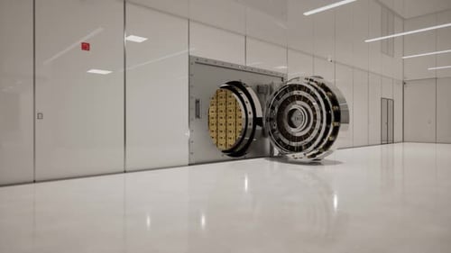 Bank Vault Door Open with Rows of Gold Bars Inside