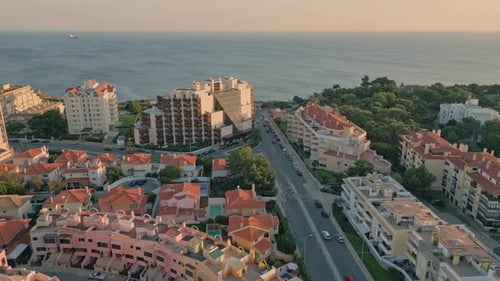 Beautiful Tiled Roof City Near Endless Blue Ocean Aerial View Coastal Town