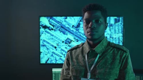 Serious Male Military Officer in Surveillance Hub