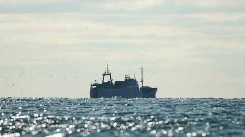 Fishing Boat Trawler Catches Fish While Sailing on Sea A Commercial Fishing Boat on the Horizon in a