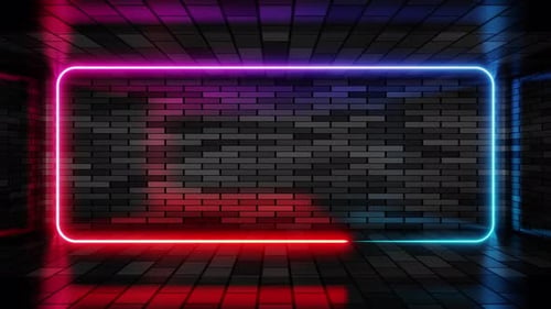 Neon frame red and cyan lights motion loops square on brick wall background 3d render. Neon speech