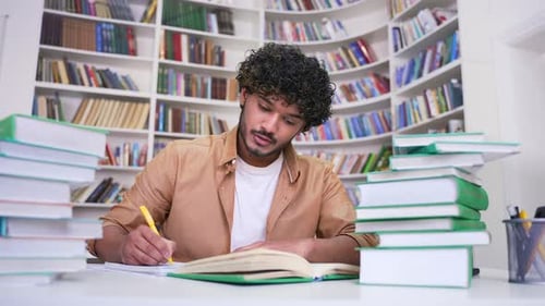 Student studies by reading books, taking notes in campus library space. A handsome male learning