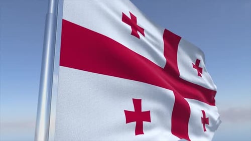 Realistic Georgian Flag Waving in Wind with Blue Sky Background