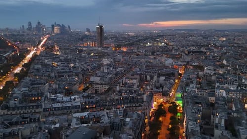 Drone night flight over Paris, France
