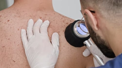 Männlicher Arzt untersucht den Hautzustand mit einem Dermatoskop