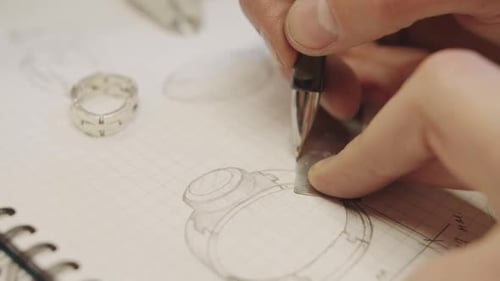 A Man is Drawing a Ring on a Piece of Paper with a Ruler