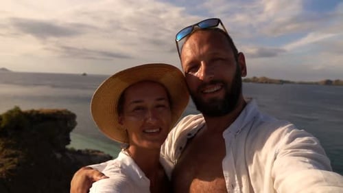 Couple Taking Selfie Photos, Recording Video On Beach, Super Slow Motion
