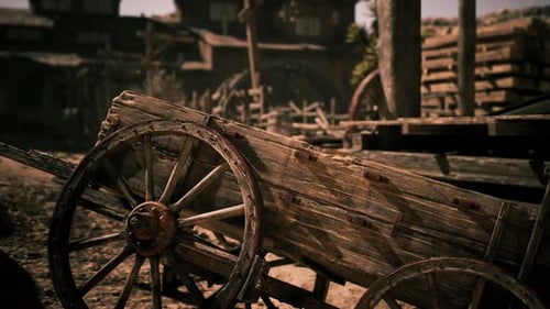 Weathered Wooden Cart in a Rustic Western Town at Dusk