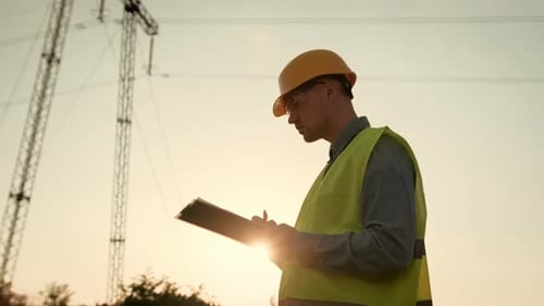 Power Line Inspector Making Notes During Transmission Tower Inspection
