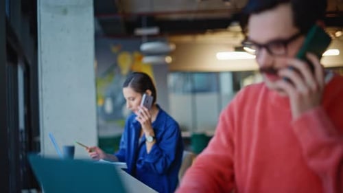 Online Consultants Speaking Phones at Cafeteria Closeup Sales Managers Calling